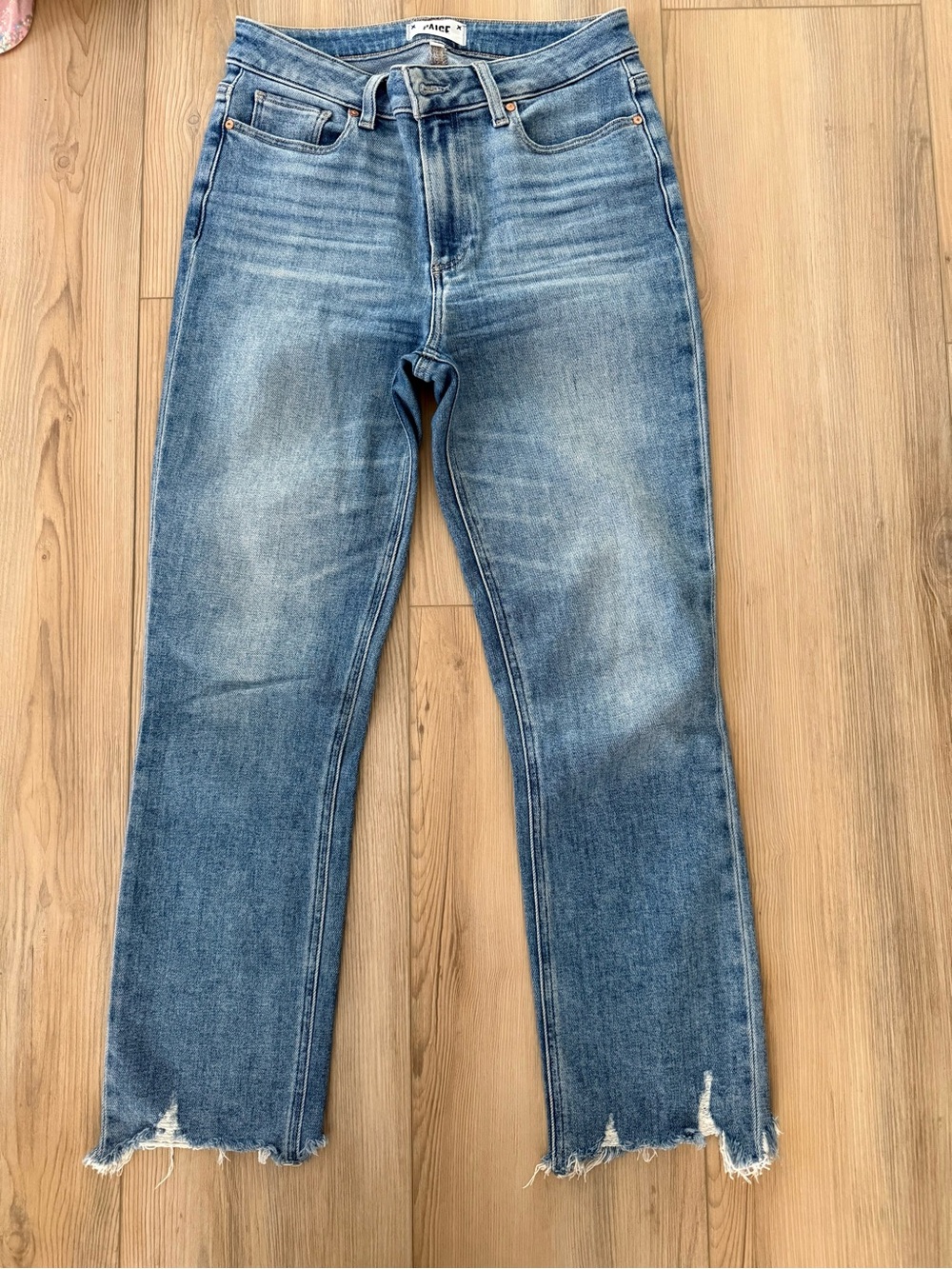 PAIGE Women Light Blue Straight-Leg Jeans with Destroyed Hem